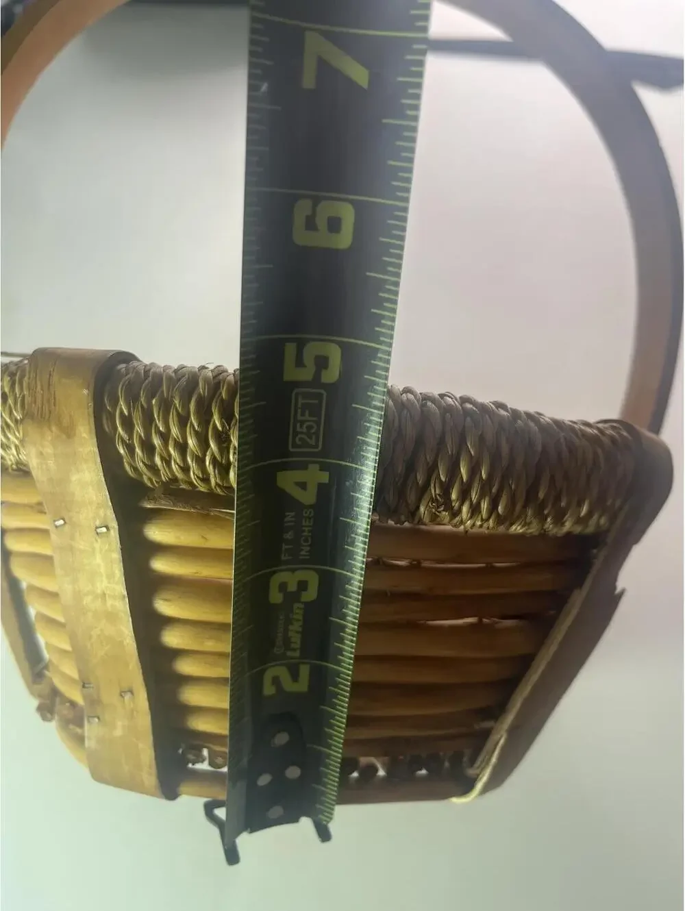 Vintage Wooden Woven Rattan Basket with Arc Handle
